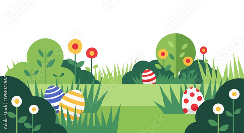 easter egg hunt illustration with colorful decorated eggs hidden in a lush green spring nature landscape for holiday celebration.