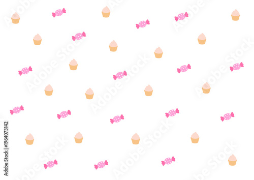 Seamless pattern with minimalist colorful candies and delicious cupcakes