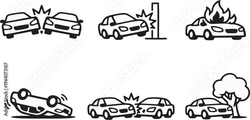 Car Accident Outline Icon Set - Black and White Line Art Vehicle Collision Rollover Car Fire Pole Crash Rear End and Tree Impact Road Accident Scenarios Vector Illustration
