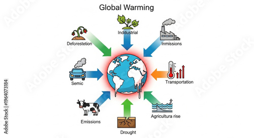 Global Warming Causes and Effects Illustration with Earth at Center.