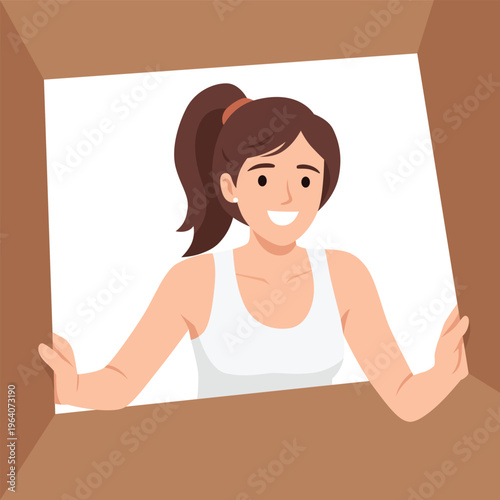 Smiling woman opening cardboard box from inside. Flat vector illustration isolated on white background