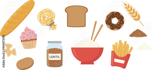 Illustration of assorted carbohydrate rich foods including bread, pasta, rice, fries, donut, cupcake, and lentils for nutrition concept