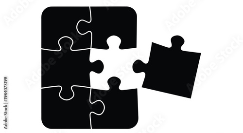 Black silhouette of a puzzle with one piece missing on a white background