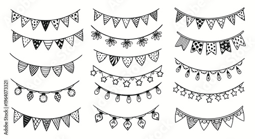Vector illustration of set of hand drawn bunting flags and garlands