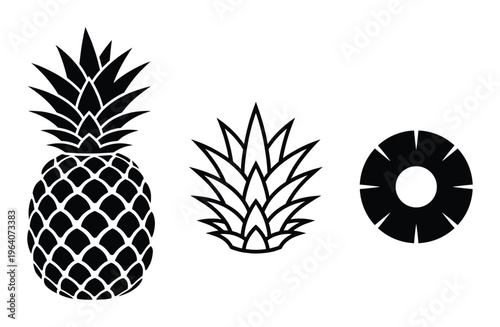 Foto Pineapple whole top and slice tropical fruit vector icons for healthy food and s