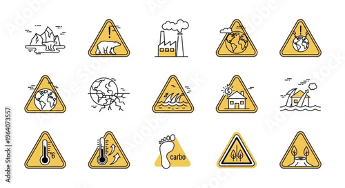 Climate Change Warning Signs - A Collection of Environmental Hazard Symbols.