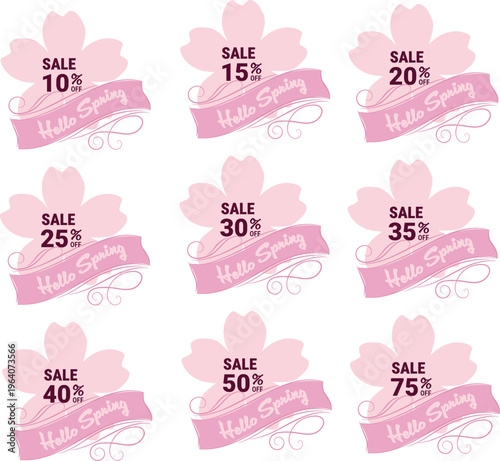 Spring Sale Discount Label Set with Pink Cherry Blossom and Ribbon