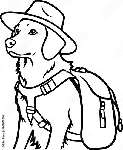 A dog with a backpack and a hat