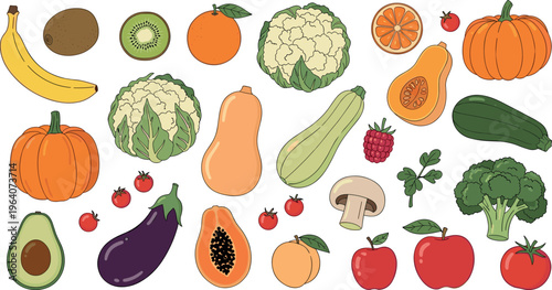 Hand drawn fruits and vegetables collection with colorful fresh organic food healthy diet vector illustration set isolated