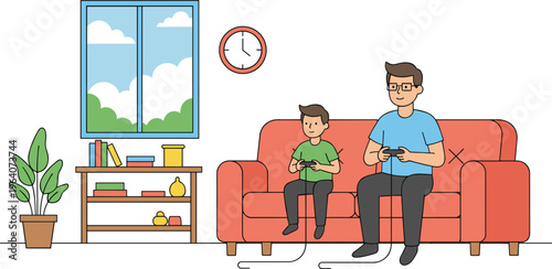 Living room illustration with two people playing video games on couch showing family bonding, leisure, and entertainment lifestyle
