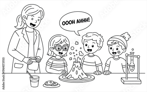 Teacher and students watching a baking soda volcano science experiment in a classroom