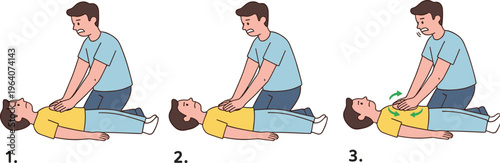 Step by step CPR illustration showing chest compressions for emergency medical training, resuscitation, and life saving healthcare concept