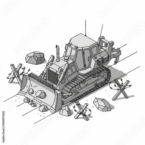 Heavy machinery bulldozer clearing rocks and debris.