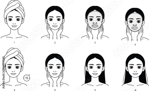 Step by step facial skincare routine illustration with face mask application, waiting time, cleansing, and glowing skin result