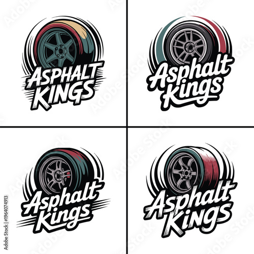 Dynamic asphalt kings logo featuring a stylized racing car wheel with a tire and multi-spoke rim, perfect for automotive branding and speed-related businesses.