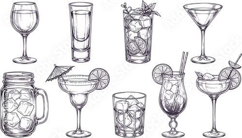 Hand drawn sketch cocktail glasses set vintage style drinks collection isolated bar beverages illustration detailed classic design