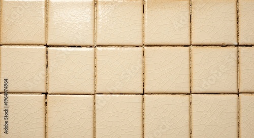 Close-up of a grid of beige ceramic tiles with visible grout lines.