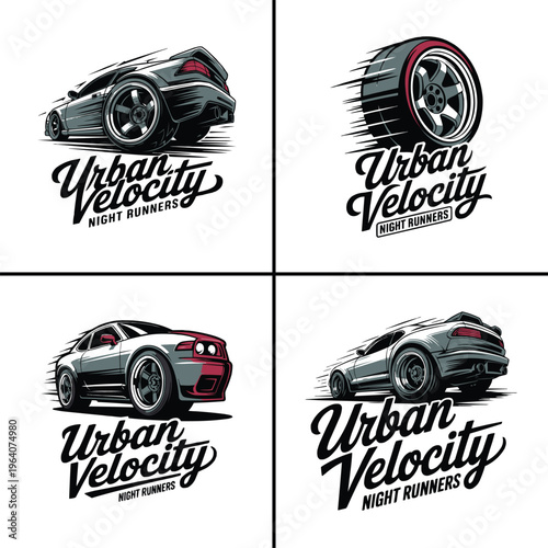 Collection of dynamic vector illustrations depicting stylized high-performance sports cars and a racing wheel for urban velocity night runners.