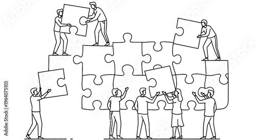 People collaborating to connect puzzle pieces symbolizing teamwork and problem solving
