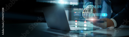 Businessman using mobile online banking and payments, Finance and digital banking network. Cyber security. financial technology advancements. Business technology. Digital marketing.