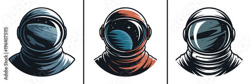 Collection of three stylized astronaut helmet portraits showcasing cosmic reflections within the visors