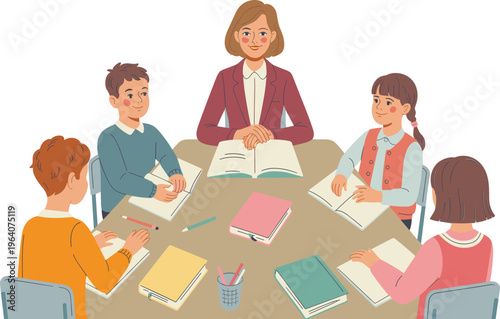 Teacher with students illustration showing collaborative classroom learning, reading, study group, and educational environment concept