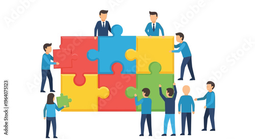 Teamwork concept with diverse people fitting puzzle pieces together symbolizing collaboration