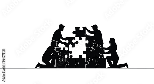 Silhouettes of people collaborating to complete a jigsaw puzzle together