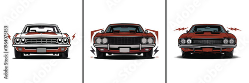 Three distinct front views of classic American muscle cars vibrantly illustrated in a dynamic vector art style, showcasing vintage automotive power.