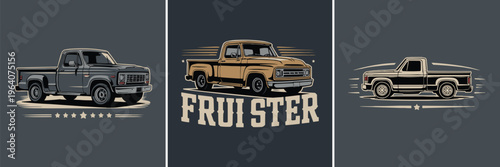 Three distinct vintage American pickup truck illustrations showcase the timeless style and robust spirit of classic automotive design for enthusiasts and collectors.