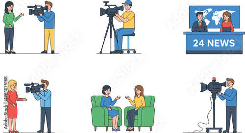 Television broadcasting illustration with news anchors, camera operators, interviews, and journalism scenes showing media production and communication