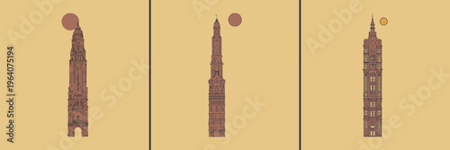 Collection of three stylized architectural tower illustrations depicted against a muted earth-toned background composition