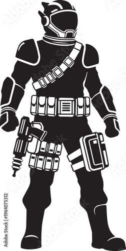 Astronaut soldier standing with raygun weapon vector silhouette illustration and line art