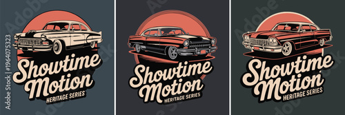 Vintage American classic car graphic design featuring custom lowrider vehicles in a retro style series