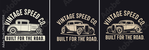 Collection of three vintage speed company emblems featuring classic hot rod cars built for the open road.