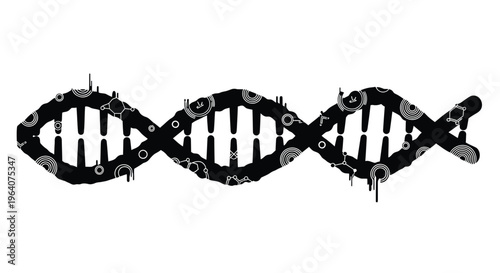 Stylized black and white illustration of a dna double helix with dripping effect