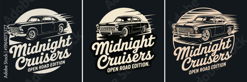 Dynamic retro style vector artwork depicting three classic american hot rod cars with "midnight cruisers open road edition" typography.