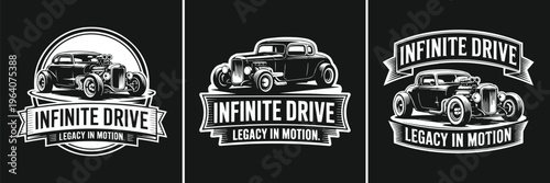 Vintage hot rod car logo design collection featuring classic custom vehicles with powerful engines and bold typography, ideal for automotive enthusiasts.