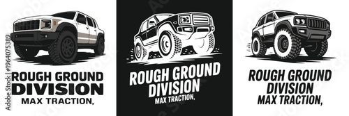 Collection of rugged offroad vehicle logos showcasing extreme suspension and maximum traction capabilities for adventure branding.