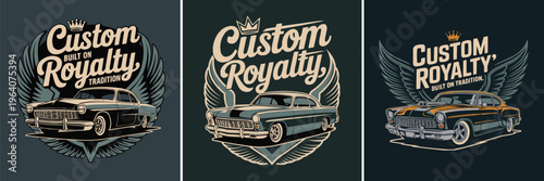 Eye-catching illustrations featuring classic custom cars with stylized wings and "Custom Royalty" text, ideal for retro automotive themes.