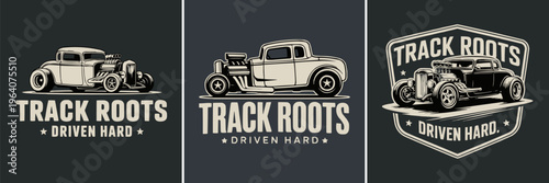 Vintage American hot rod car graphic illustration featuring custom modifications and the bold text "Track Roots, Driven Hard" in a stylish retro automotive design.