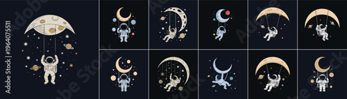 Whimsical collection of space illustrations depicting astronauts swinging, hanging, and floating around moons and planets in a dreamy cosmic setting.