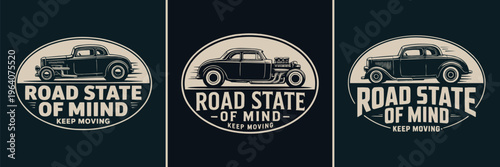 Vintage hot rod coupe emblems featuring bold typography and the motivational phrase keep moving forward.