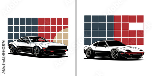 Illustration depicting two vintage modified Japanese sports coupes positioned against an abstract grid background design motif
