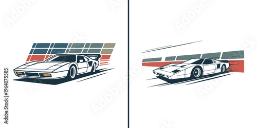 Two retro inspired classic sports cars, one with a spoiler, racing at high speed with a grid pattern background