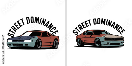 Two distinct street dominance vintage car vector illustrations perfect for automotive enthusiasts and racing club branding and merchandise designs.