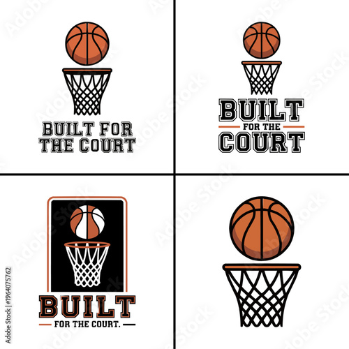 Collection of four distinct stylized basketball graphic logos featuring hoops and motivational slogans for sports apparel design.