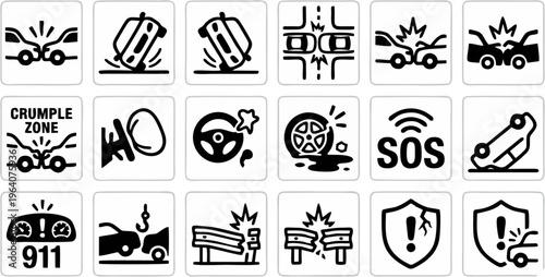 Car Accident and Road Safety Icon Set with Collision, Rollover, SOS and Insurance Symbols Outline Vector Collection