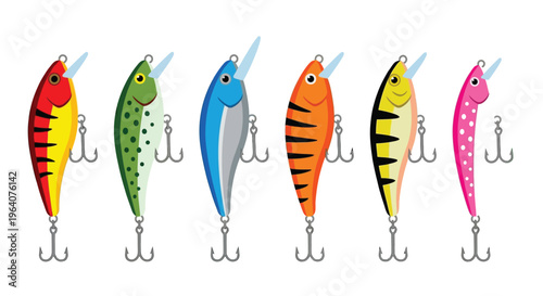 Colorful assortment of fishing lures with sharp hooks displayed in a row