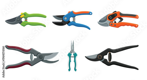 Collection of colorful gardening shears and pruning tools isolated on white